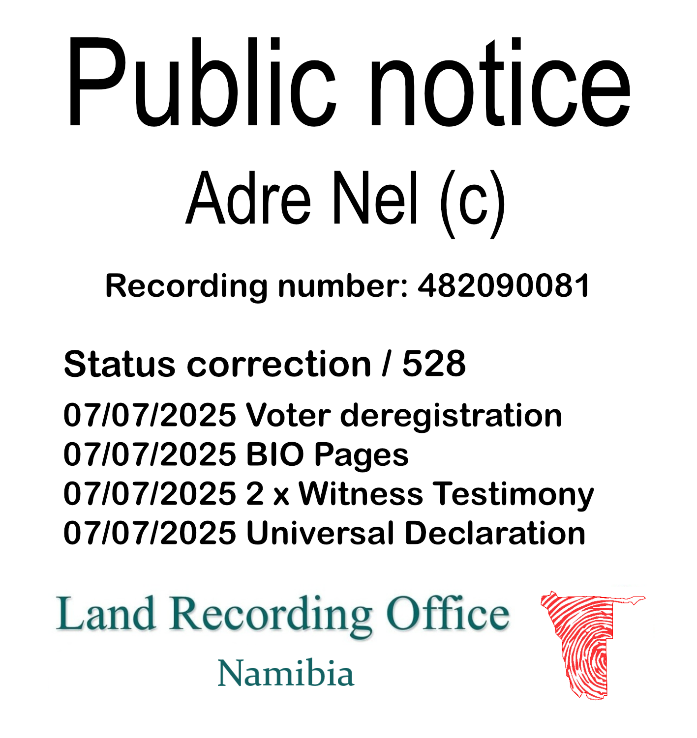 Public notice Adre Nel Recording number 482090081